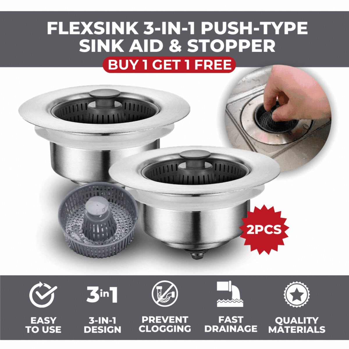 Flexsink 3-in-1 Push-Type Sink Aid & Stopper | BUY 1 GET 1 FREE (2PCS)