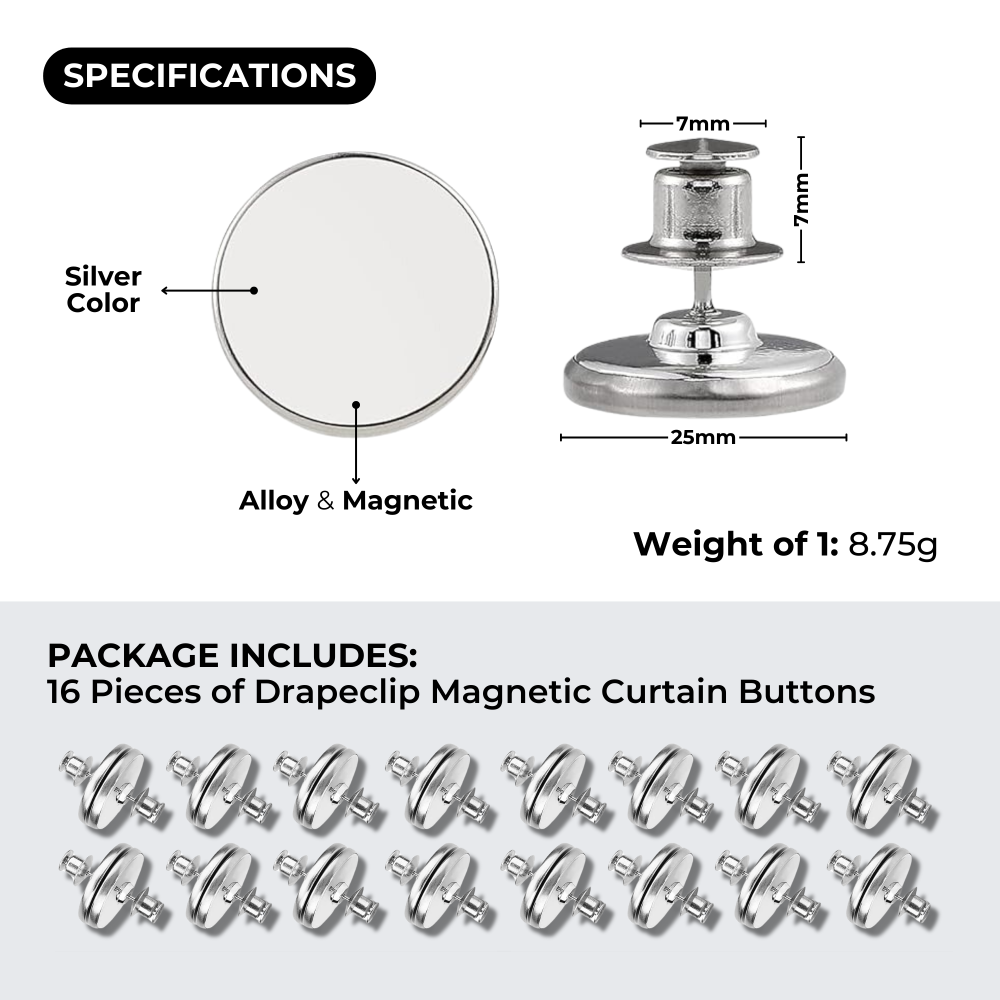 Drapeclip Magnetic Curtain Buttons - Set Of 16PCS